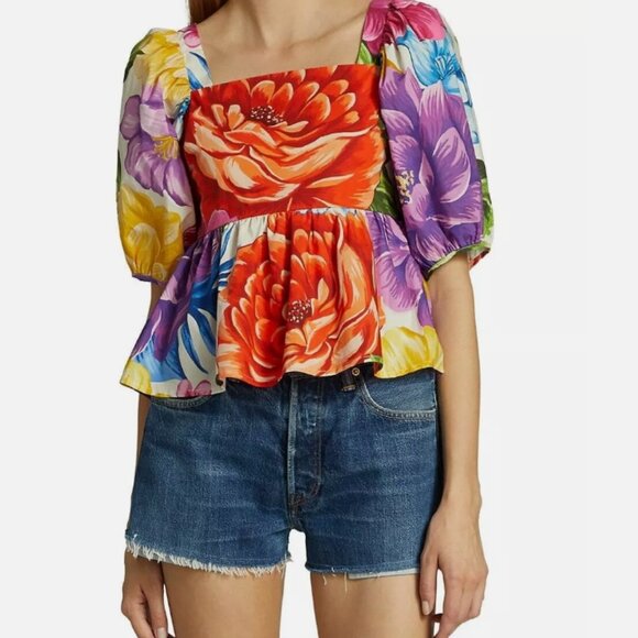 NWOT Farm Rio Rainbow Chita Floral Top Empire-Waist Blouse Smocked Back XS $145 - Picture 6 of 9
